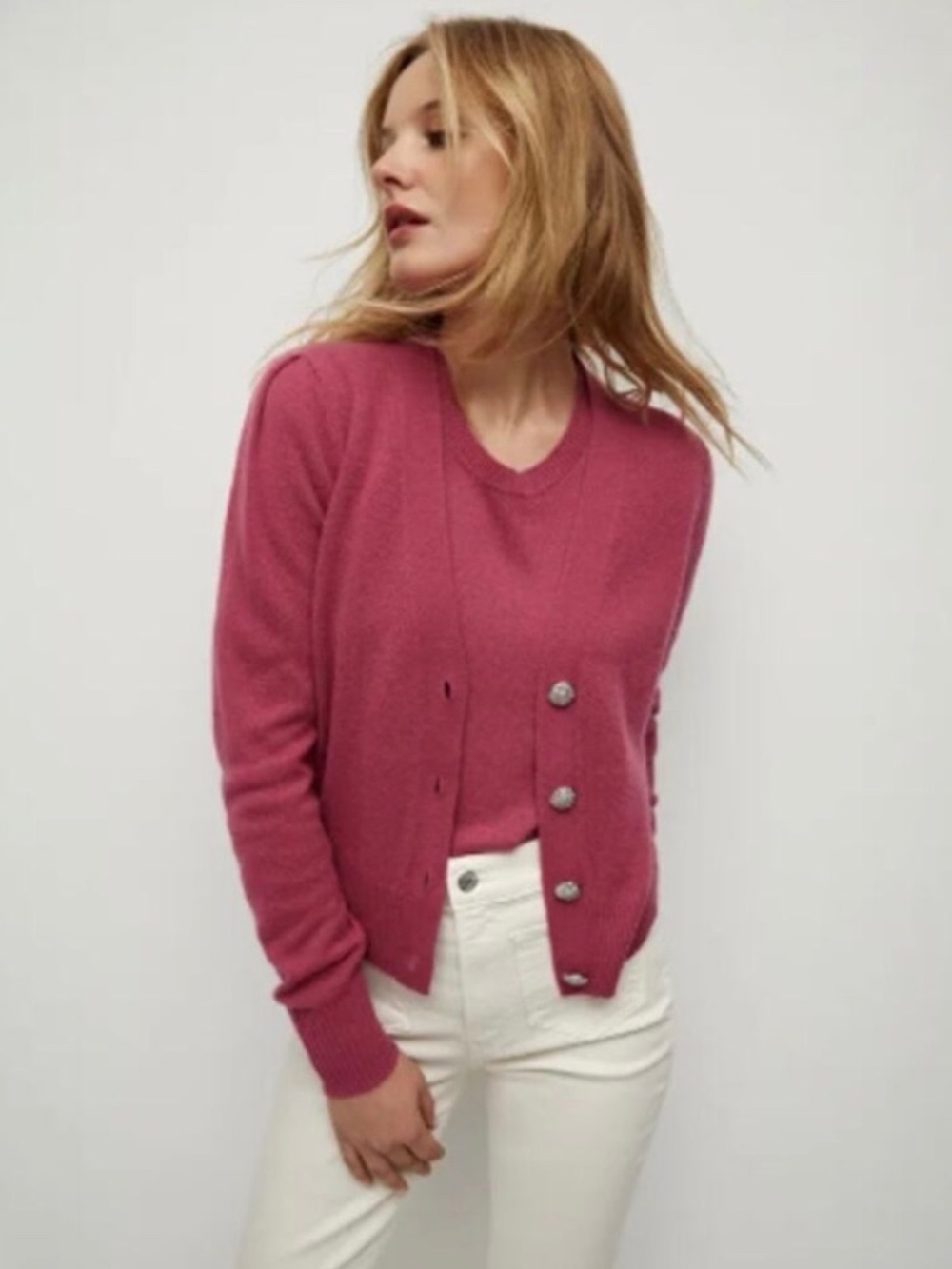 Veronica Beard Solene Cashmere Cardigan — Raspberry Pink — Size M